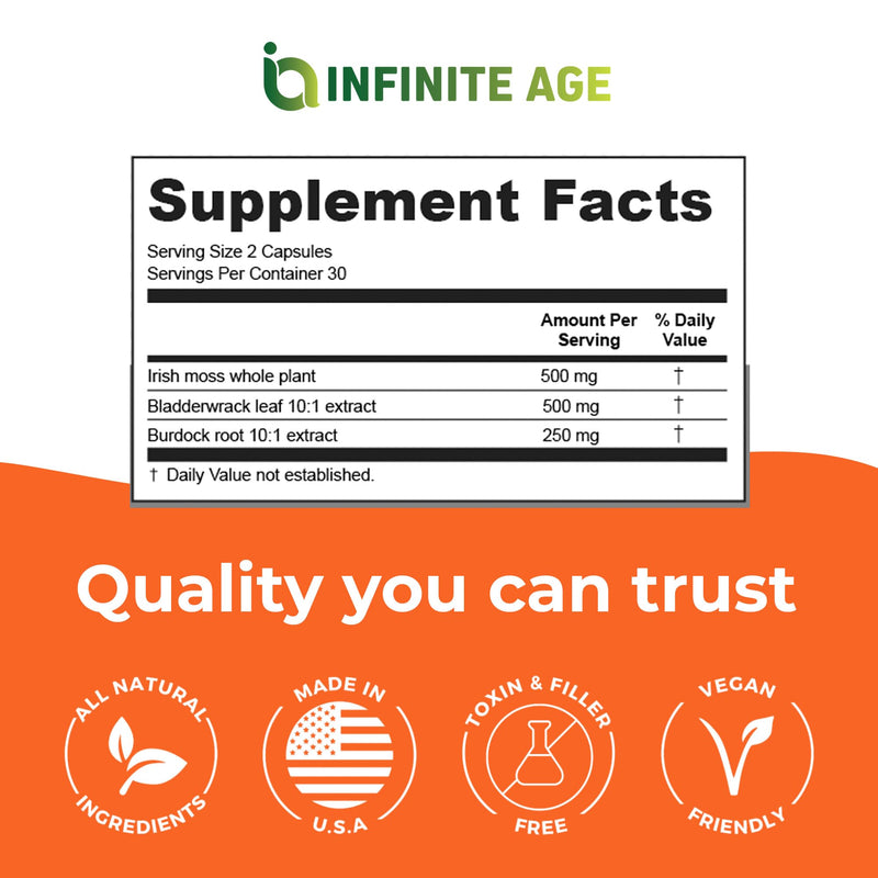 INFINITE AGE 2 Pack Sea Moss Capsules 1250mg – Vegan, Made in USA, Irish Sea Moss + Bladderwrack