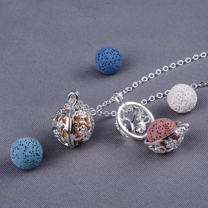 INFUSEU Sakura Tree Aromatherapy Necklace - Diffuser Locket Pendant with 7 Lava Stones and 24-inch Chain