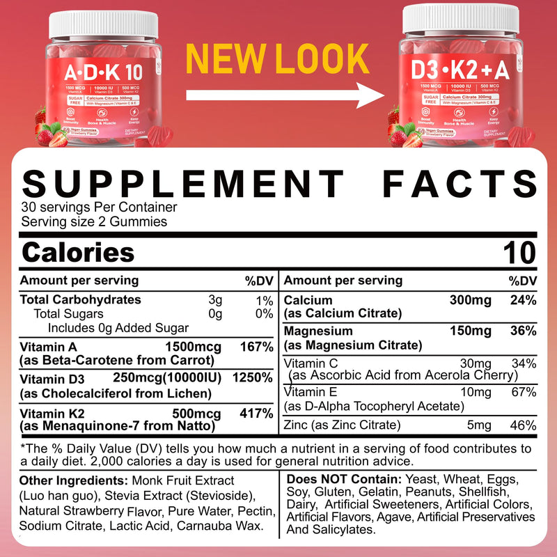 Vitamin D3 K2 A Gummies 5000IU / 10,000IU – 8-in-1 Vegan Calcium Magnesium Zinc | 2 Packs