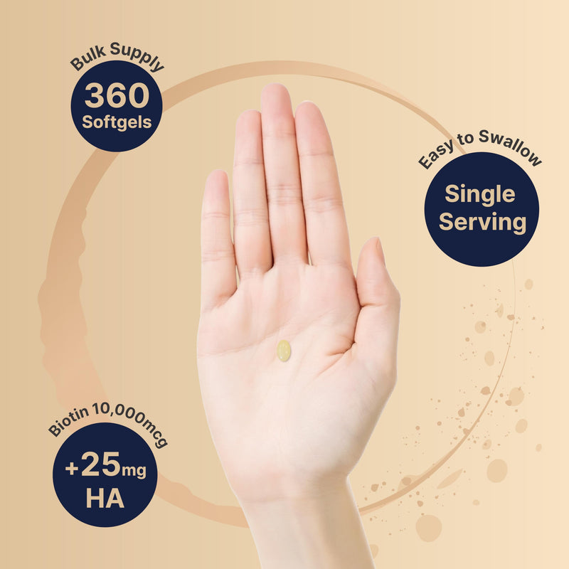 Biotin 10000mcg + Hyaluronic Acid 25mg Softgels | 360 Coconut Oil | Hair Skin Nails