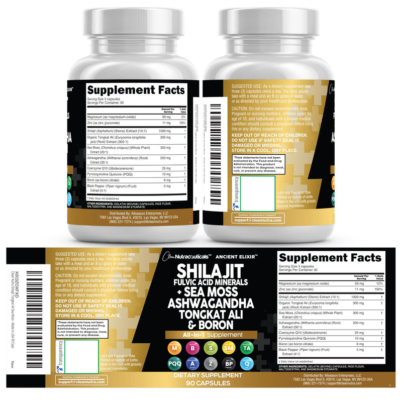Clean Shilajit for Men with Sea Moss & Tongkat Ali | Fulvic Acid Capsules - 90 Count