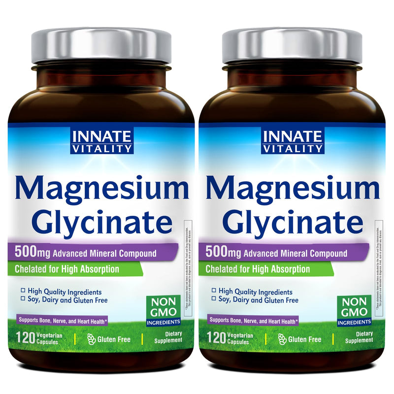 Innate Vitality Magnesium Glycinate 500mg – 70mg Elemental Magnesium, High Absorption | Non-GMO, Gluten-Free | Supports Nerve, Heart & Bone Health | 240 Vegan Capsules
