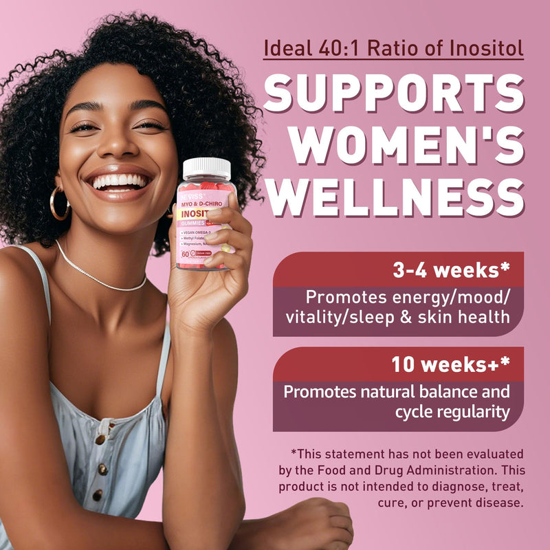 Myo-Inositol & D-Chiro Inositol Gummies – Sugar Free 40:1 for Women | Vegan Omega-3, D3, Magnesium, B12