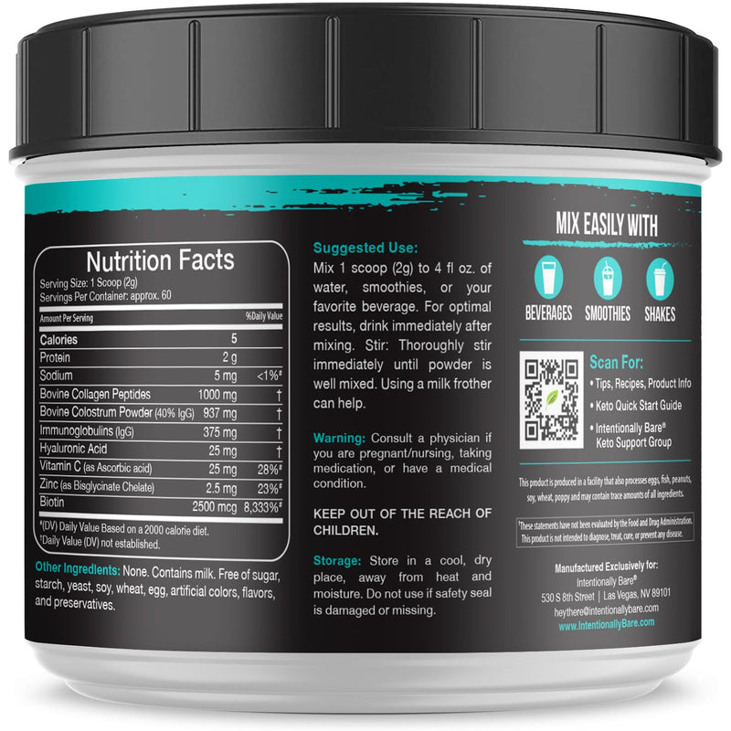 Intentionally Bare Colostrum & Collagen Powder – Grass-Fed, Biotin, Hyaluronic Acid | 60 Servings