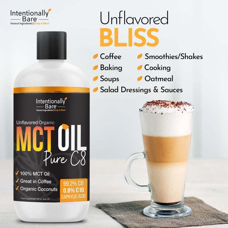 Intentionally Bare Pure C8 MCT Oil Organic – Brain Octane MCT Oil for Keto, Vegan & Paleo Diets – Unflavored 32oz