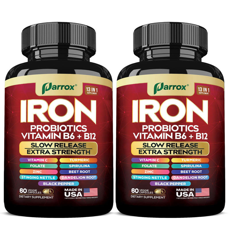 Parrox Elemental-Iron: Slow-Release Iron with Probiotics, Beetroot, Turmeric & B Vitamins – 2 Pack, 60 Capsules Each