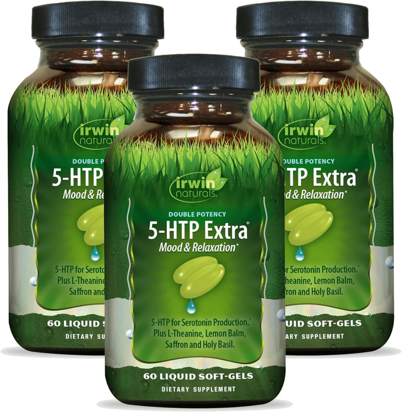 Irwin Naturals Double Potency 5-HTP Extra – 60 Liquid Soft-Gels (Pack of 3) – 90 Servings | Relaxation & Serotonin Production