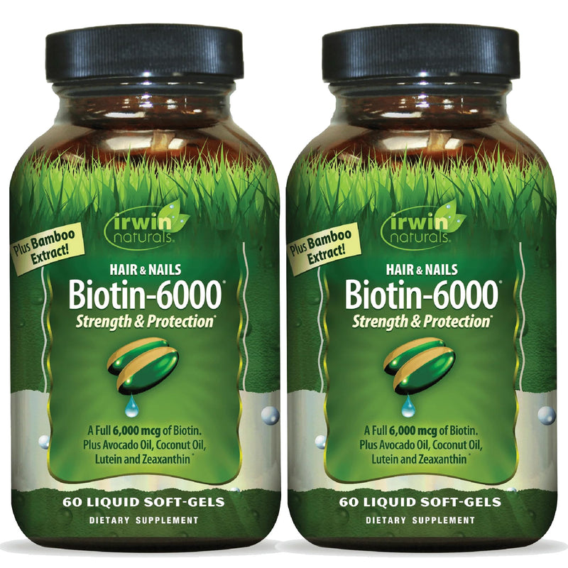 Irwin Naturals Biotin-6000-60 Liquid Soft-Gels – Hair, Skin & Nails Support | Pack of 2, 60 Servings