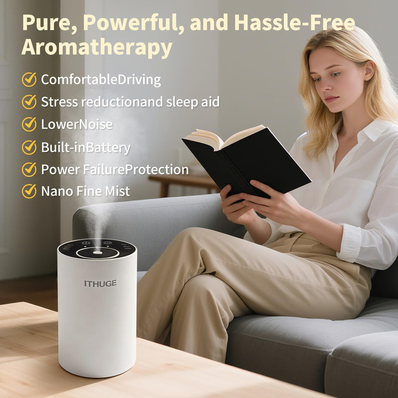 ITHUGE Waterless Essential Oil Diffuser - Portable, Battery-Operated, 20mL Bottle, 3 Mist Levels, 4 Timers