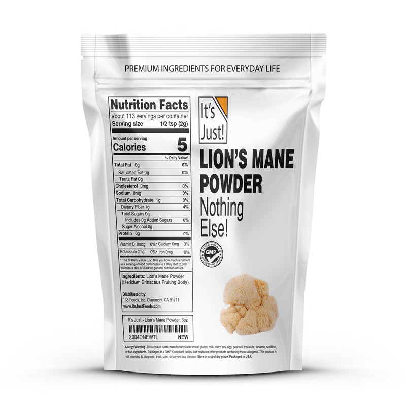 It's Just! Lion's Mane Mushroom Powder - Brain Support, Immune Health, Non-GMO, 8oz