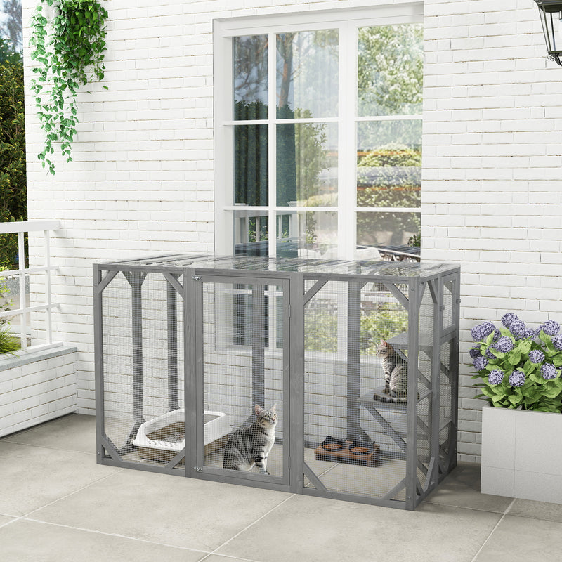 PawHut 71" Wooden Cat House with 3 Platforms, Large Door for Multiple Cats