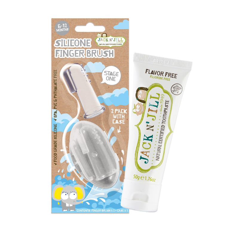 Jack N' Jill Stage 1 Silicone Finger Toothbrush Bundle – 2 Baby Brushes + Case (6-12m)
