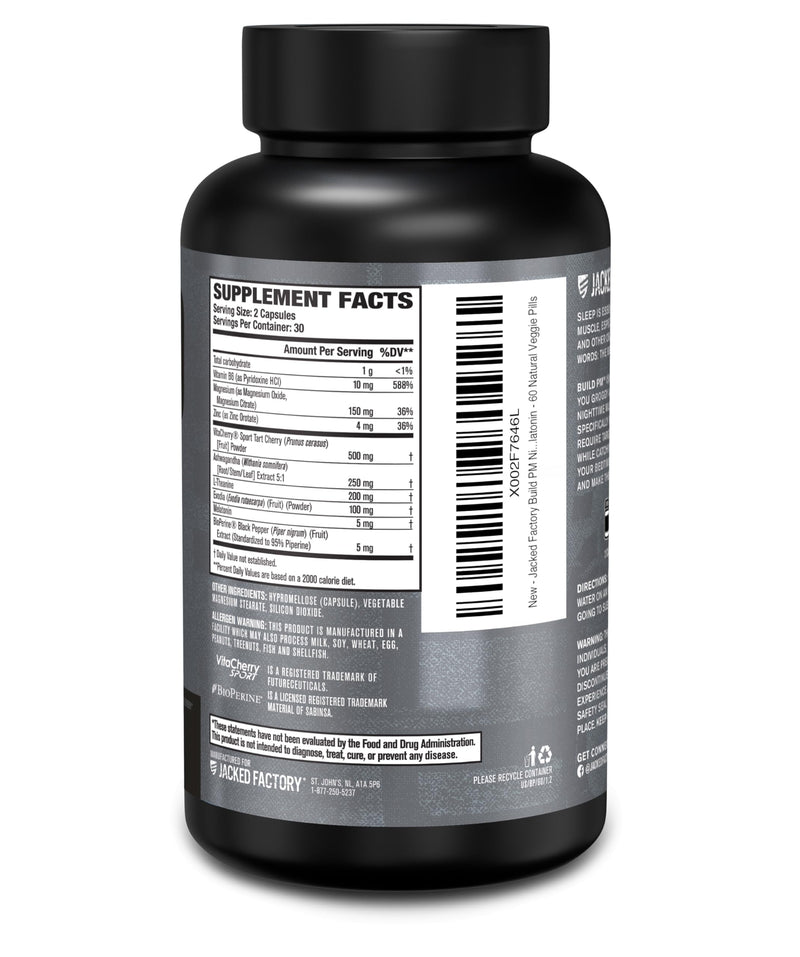 Jacked Factory Build PM Night Time Muscle Builder & Sleep Aid – Tart Cherry, Ashwagandha, Melatonin – 60 Veggie Pills