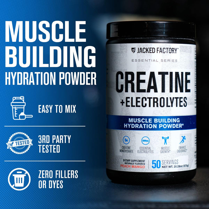 Jacked Factory Creatine + Electrolytes – Peach Mango (50 Servings) | Creatine Monohydrate with Taurine & Electrolytes