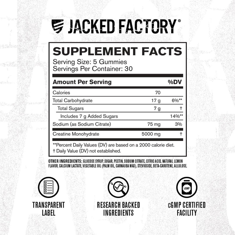 Jacked Factory Creatine Gummies – 5g Daily Dose, 150 Lemon Gummies