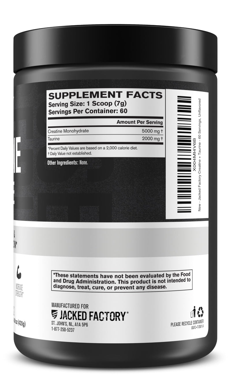 Jacked Factory Creatine + Taurine - Creatine Monohydrate 5000mg with Taurine 2000mg for Increased Muscle Strength & Cellular Hydration - 60 Servings, Unflavored