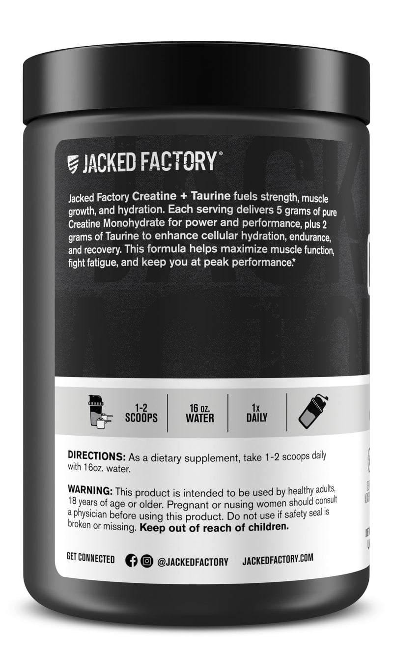 Jacked Factory Creatine + Taurine - Creatine Monohydrate 5000mg with Taurine 2000mg for Increased Muscle Strength & Cellular Hydration - 60 Servings, Unflavored