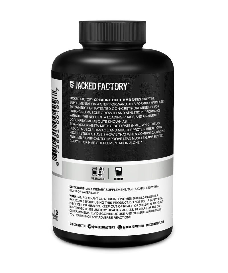 Jacked Factory Creatine HCL + HMB Capsules - Synergistic CON-CRET, myHMB, & Vitamin D Formula for Growth, Strength, & Reduced Muscle Breakdown - 150 Capsules