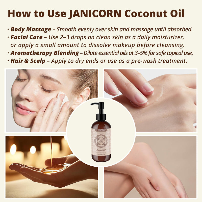 JANICORN 100% Pure Coconut Oil – Cold-Pressed & Unscented Carrier Oil (236 ml)