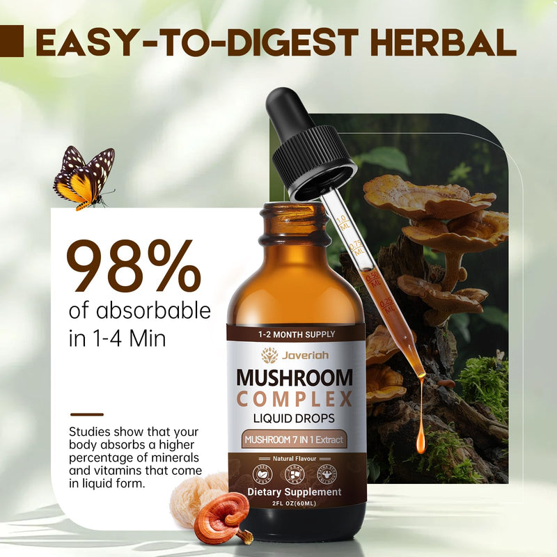 Javeriah Mushroom Complex Liquid Drops 7-in-1 | Lion's Mane, Reishi, Turkey Tail, Shiitake, Cordyceps, Chaga, King Trumpet 4 fl oz (2 Pack)