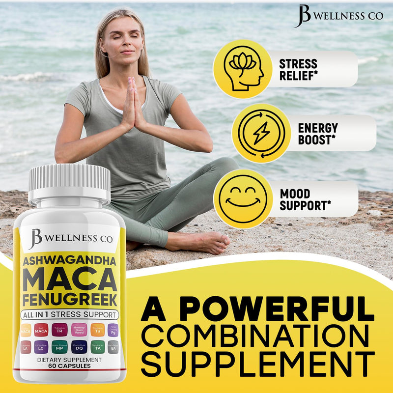 JB Wellness Co. Ashwagandha Maca Fenugreek with Tongkat Ali & Ginseng – Mood & Thyroid Support (60 Count)