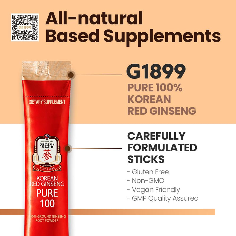 JungKwanJang Korean Red Ginseng Pure 100 — 1500mg Powder Stick for Energy & Immune Support | Vegan, Gluten-Free, Non-GMO