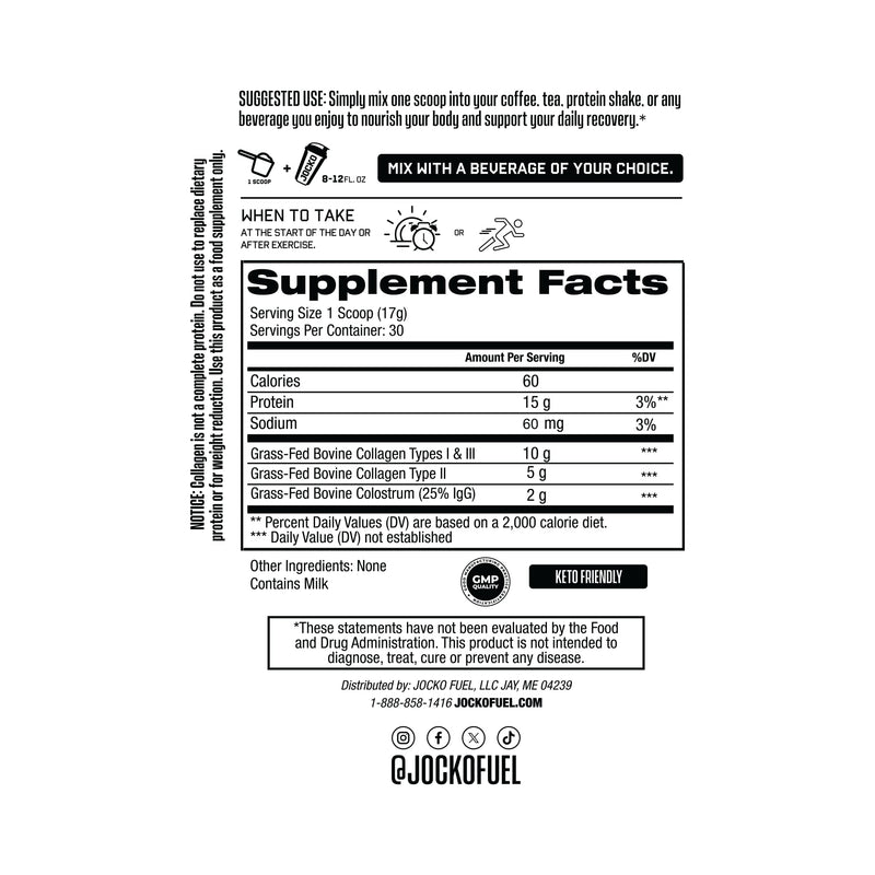 Jocko Fuel Collagen Powder with Colostrum – 15g Collagen + 2g Colostrum | Gut, Joint & Immune Support (30 Servings)