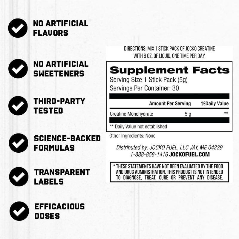 Jocko Fuel Creatine Stick Packs – Travel-Size Creatine Monohydrate, 30 Servings, Unflavored