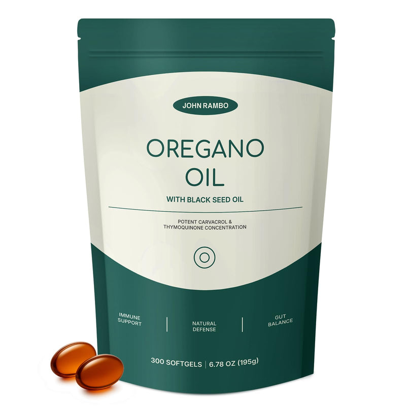 JOHN RAMBO Oil of Oregano with Black Seed Oil, 300 Softgels, 150-Day Supply, 165mg Carvacrol & 200mg Thymoquinone, 4X Strength Oregano Oil Capsules, Immune & Respiratory Support