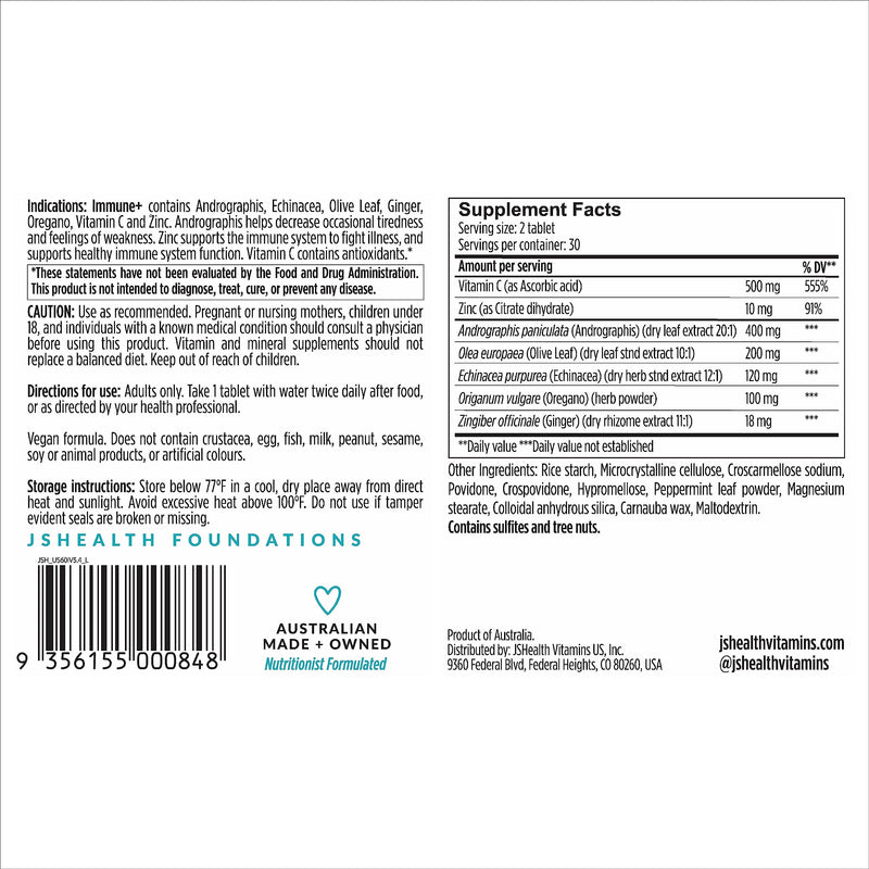 JSHealth Vitamins Immune + Immunity Booster Supplement with Zinc, Vitamin C, Echinacea and Olive Leaf – 60 Tablets