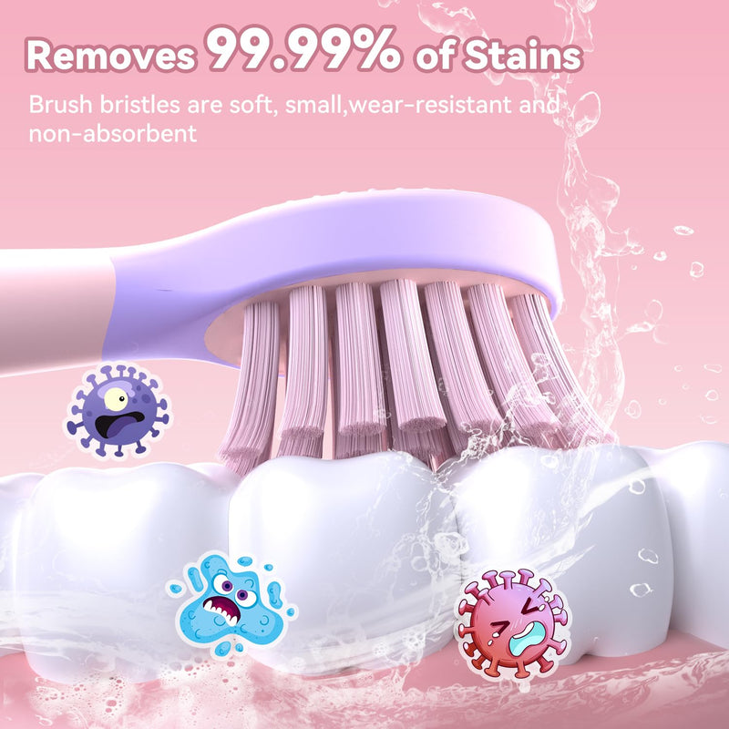 JTF Kids Electric Toothbrush Pink – Sonic Toothbrush for Girls, 5 Modes, IPX7, 2-Min Timer, DIY Sticker Set