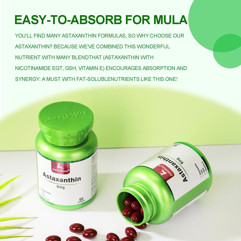 JulyDeer 2 Bottles Astaxanthin 6 mg with Nicotinamide Vitamin E Premium Antioxidant Supplement EGT GSH - for Skin, Eye, Joint & Immune System Health Cell Health & Energy丨5 in 1-120 Softgels