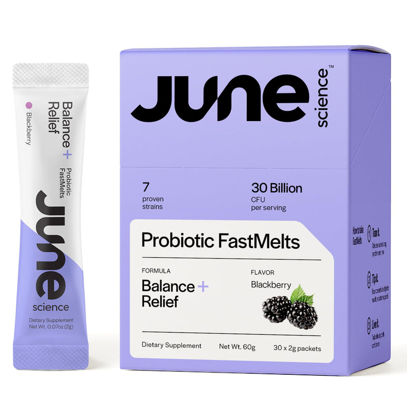 June Science Balance + Relief – Fast Melt Probiotic for Mood & Stress, Blackberry, 30 Sachets