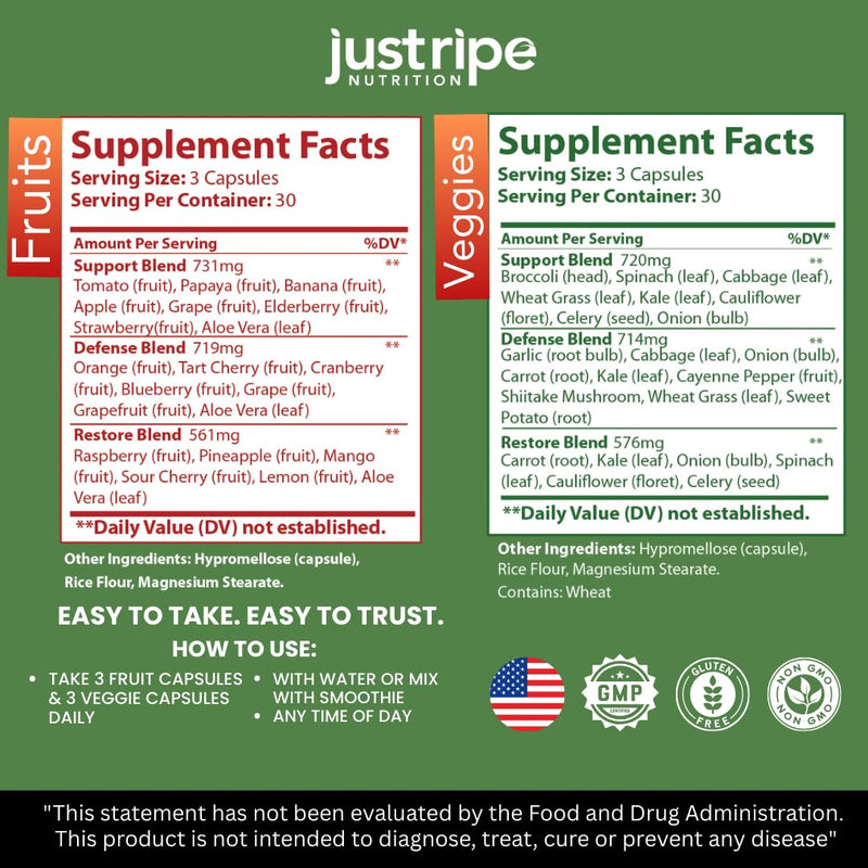 Just Ripe Nutrition Fruits & Veggies Supplement - 2 Pack (90 Fruit + 90 Vegetable Capsules) | Whole Food Superfood