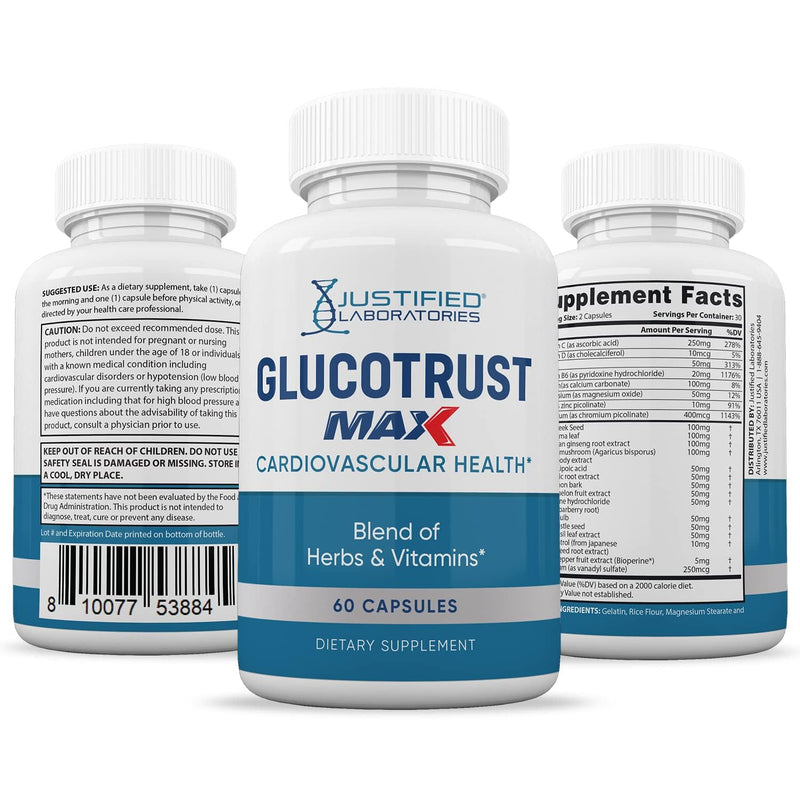 Justified Laboratories 5 Pack Glucotrust Max 1295MG Formula - 300 Capsules