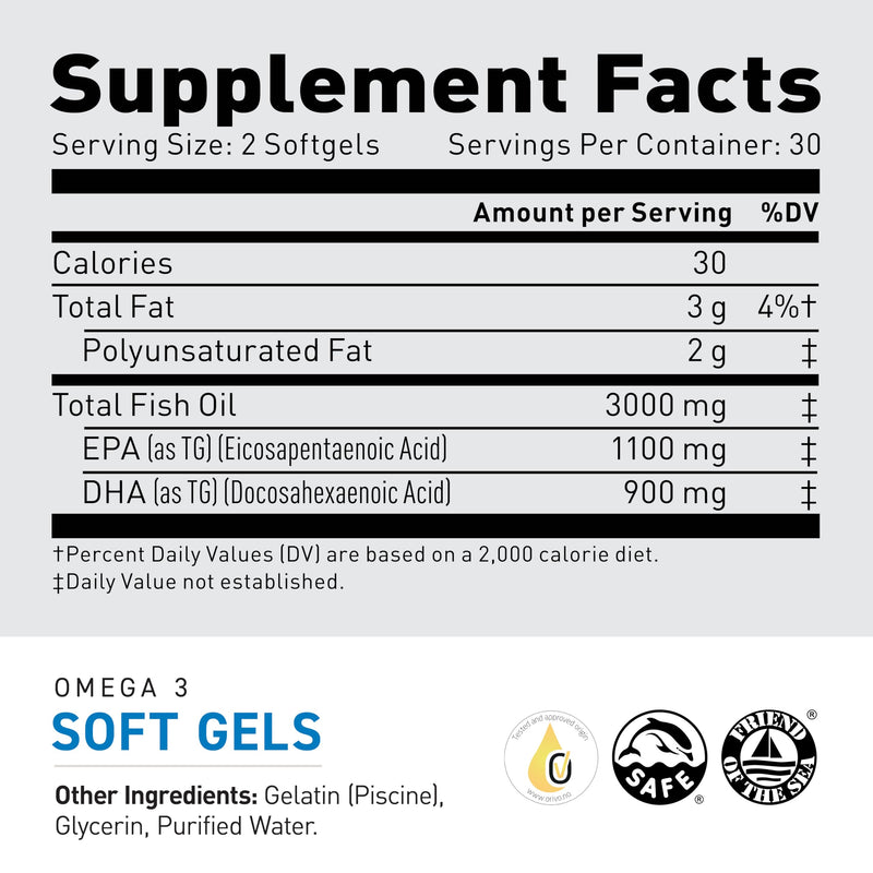 Kaged Omega 3 Softgels – Unflavored Fish Oil, 3000mg Omega-3 (EPA & DHA) | 30 Servings