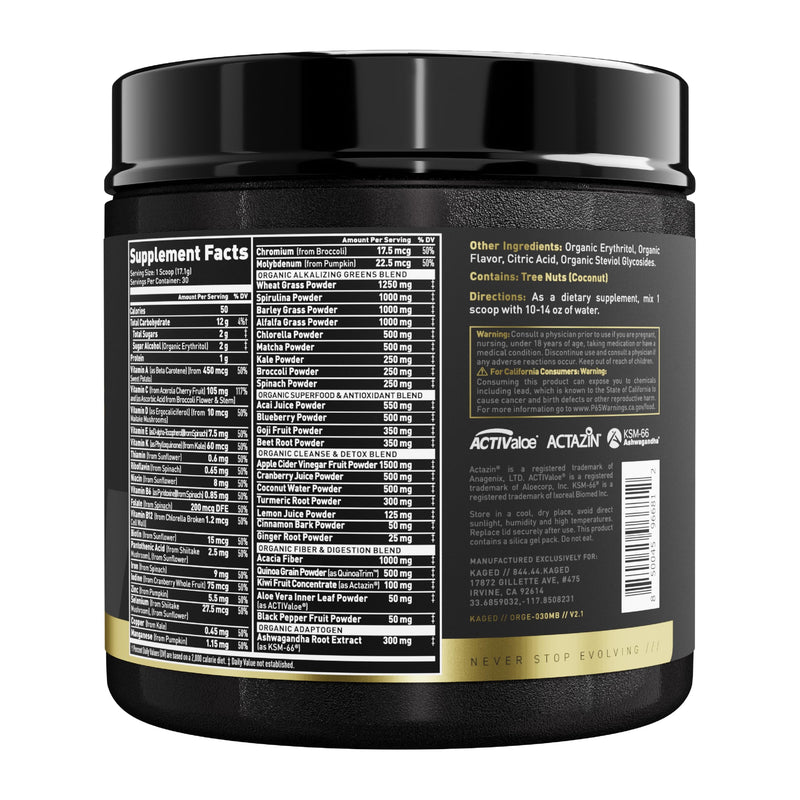 Kaged Organic Greens Elite Berry — Superfood Greens Powder with Apple Cider Vinegar, Adaptogens & Prebiotics | 30 Servings