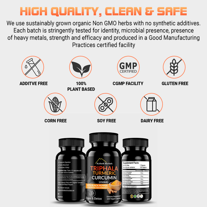 Kailash Herbals Triphala Turmeric Curcumin 1950mg – 100 Vegan Capsules | Digestive Health