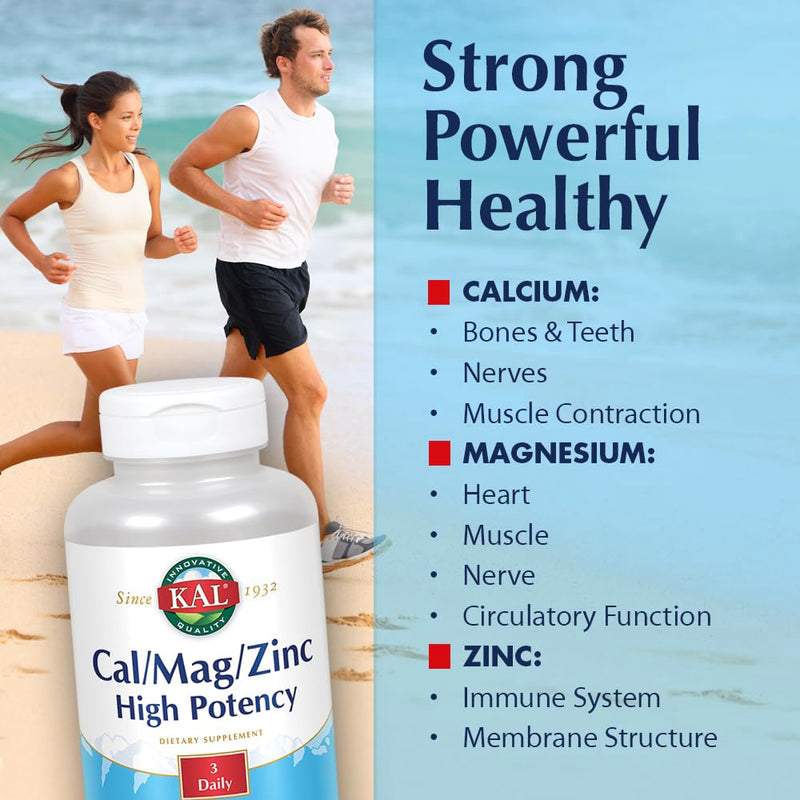 KAL Cal/Mag/Zinc | 1000mg Calcium, 400mg Magnesium & 15mg Zinc | Bone, Muscle, Heart & Immune Support | 250ct