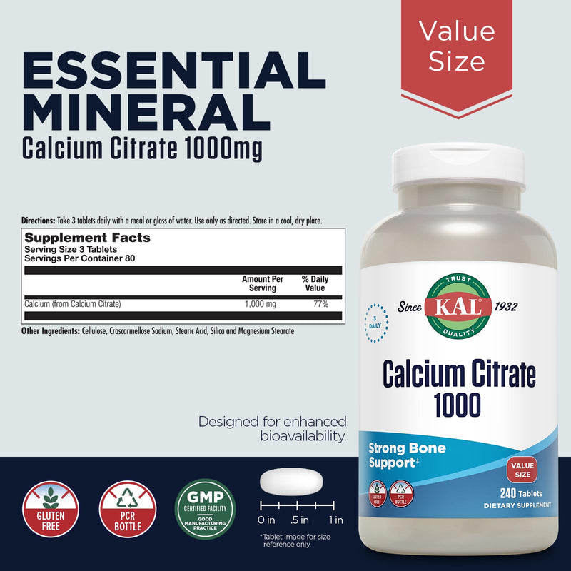 KAL Calcium Citrate 1000mg – Bone Health for Women & Men | Gluten Free