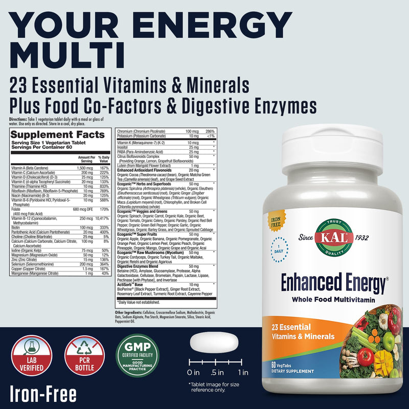 KAL Enhanced Energy Supplements | Whole Food Multivitamin for Women & Men