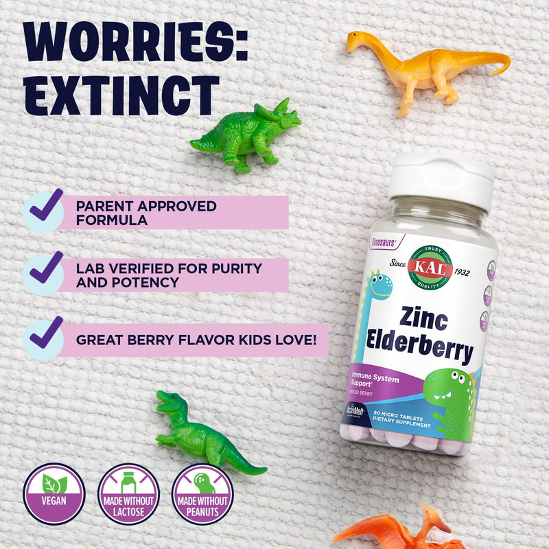 KAL Kids Zinc Elderberry Dinosaurs – Immune Support for Children, Vegan, 90 Servings