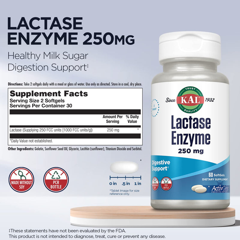 KAL Lactase Enzyme 250 mg | 60 SoftGels, 250 FCC Units for Lactose Intolerance