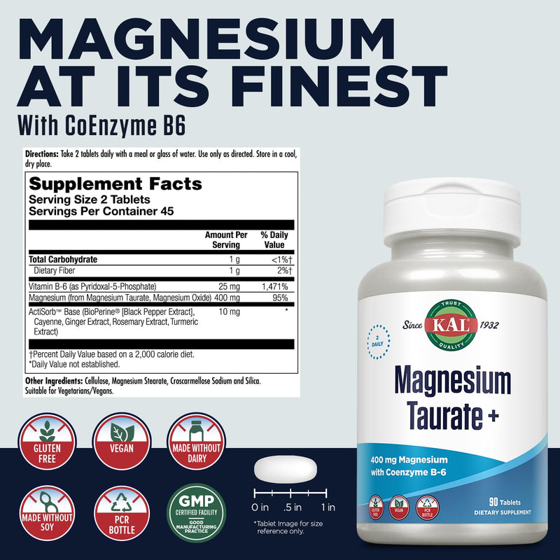 KAL Magnesium Taurate 400mg + Vitamin B6 | Vegan & Gluten Free