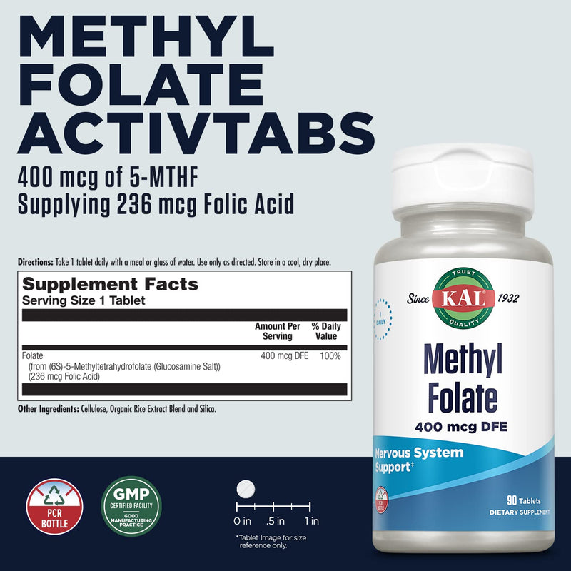 KAL Methyl Folate 400 mcg DFE | 5-MTHF B9 | Heart & Brain Support