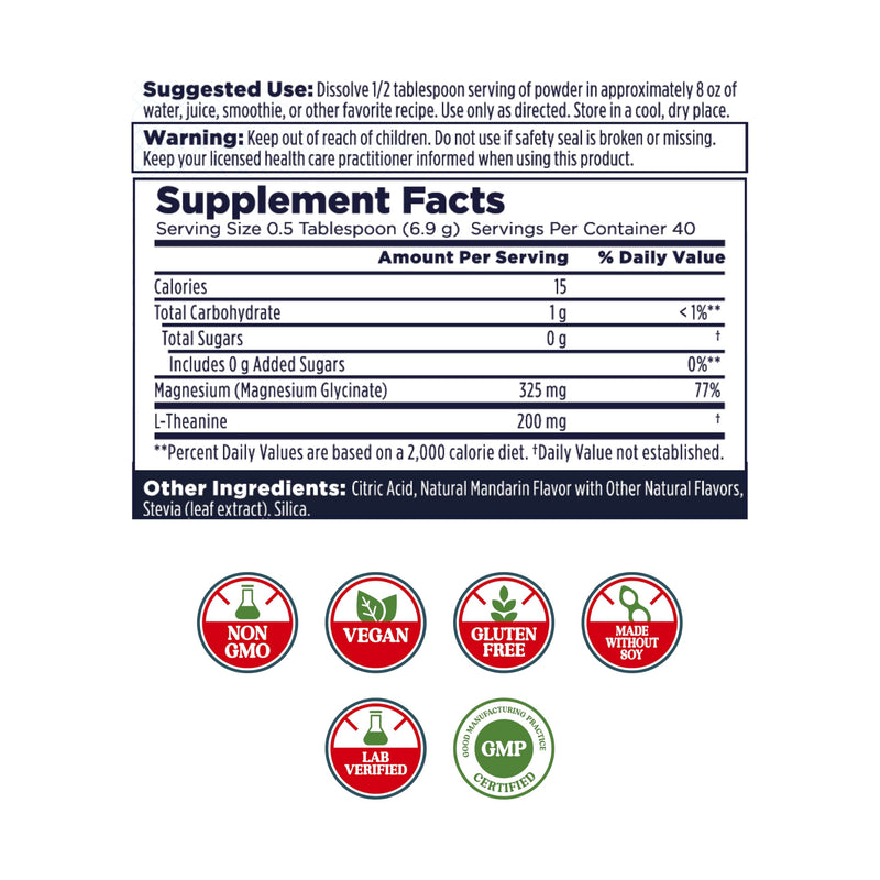 KAL Mood Magnesium Powder with L-Theanine – Mandarin Flavor | Relaxation & High Absorption (40 Servings, 9.8 oz)