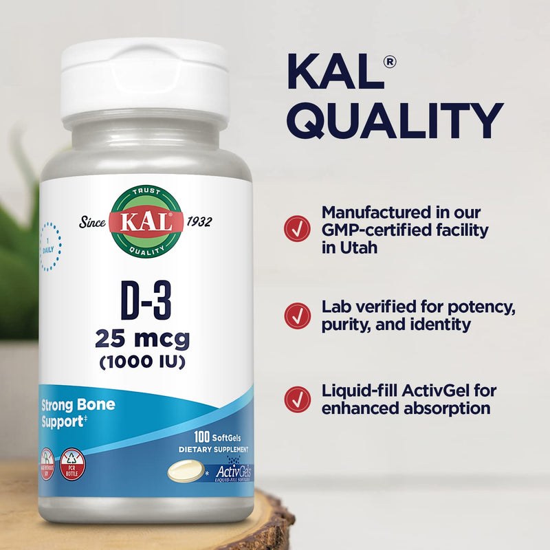 KAL Vitamin D3 1000 IU Softgels (25 mcg) – Immune Support, Calcium Absorption, ActivGel