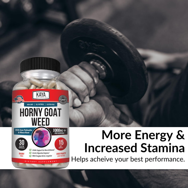 Kaya Naturals Horny Goat Weed 1560mg Complex – Maca, Saw Palmetto, Ginseng, Arginine – 30 Count