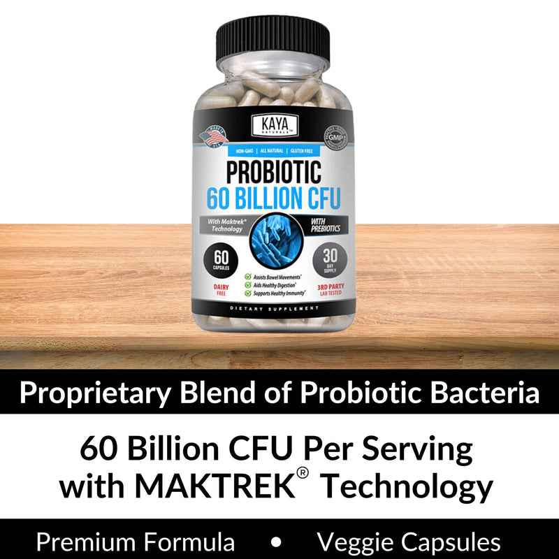 Kaya Naturals Probiotic 60 Billion CFU – Probiotics for Women, Men & Adults | Gut Health & Immune Support | 60 Vegetable Capsules