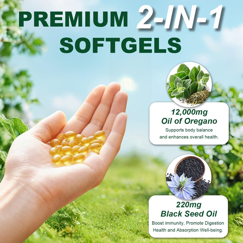 Keszciy 150 Softgels Oil of Oregano with Black Seed Oil – 2 in 1 Immune Support, High Carvacrol & Thymoquinone, Non-GMO, 1 Pack
